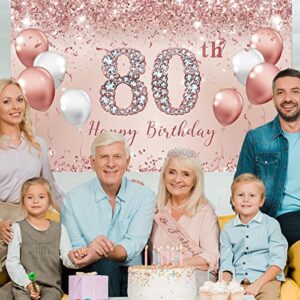 Trgowaul 80th Birthday Decorations for Women, Rose Gold 80th Birthday Backdrop Banner, 80 & Fabulous Sash, 80th Birthday Tiara Crown, Pink Party Supplies, Happy 80 Year Old Birthday Ideas Favor