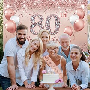 Trgowaul 80th Birthday Decorations for Women, Rose Gold 80th Birthday Backdrop Banner, 80 & Fabulous Sash, 80th Birthday Tiara Crown, Pink Party Supplies, Happy 80 Year Old Birthday Ideas Favor