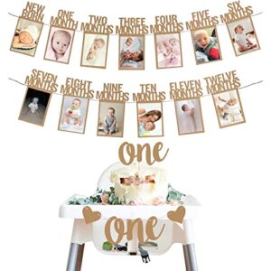 wood color 1st birthday baby photo banner for newborn to 12 months and alphabet one bunting, alphabet one cake topper for baby show first birthday party decoration