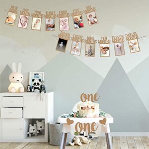 Wood Color 1st Birthday Baby Photo Banner for Newborn to 12 Months And Alphabet ONE Bunting, Alphabet ONE Cake Topper for Baby Show First Birthday Party Decoration