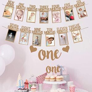 Wood Color 1st Birthday Baby Photo Banner for Newborn to 12 Months And Alphabet ONE Bunting, Alphabet ONE Cake Topper for Baby Show First Birthday Party Decoration