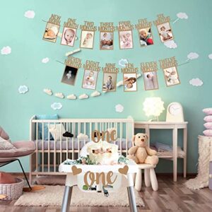 Wood Color 1st Birthday Baby Photo Banner for Newborn to 12 Months And Alphabet ONE Bunting, Alphabet ONE Cake Topper for Baby Show First Birthday Party Decoration