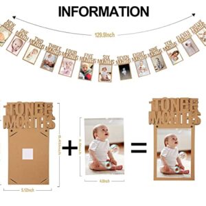 Wood Color 1st Birthday Baby Photo Banner for Newborn to 12 Months And Alphabet ONE Bunting, Alphabet ONE Cake Topper for Baby Show First Birthday Party Decoration