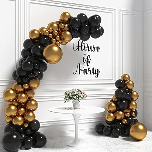 HOUSE OF PARTY Black and Gold Balloons - Metallic Black and Gold Happy New Year Balloon Garland Kit for Birthday & Party Decorations 2023