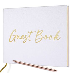 jubtic wedding guest book with gold foil — registry sign-in book for reception, party of anniversary,birthday,baby shower — memorial guestbook with gilded edges, 1 metal pen, hardcover design, 7″ x10″