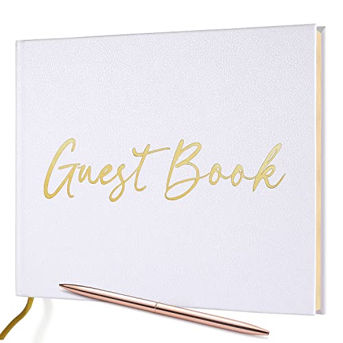 JUBTIC Wedding Guest Book with Gold Foil — Registry Sign-in Book for Reception, Party of Anniversary,Birthday,Baby Shower — Memorial Guestbook with Gilded Edges, 1 Metal Pen, Hardcover Design, 7" x10″