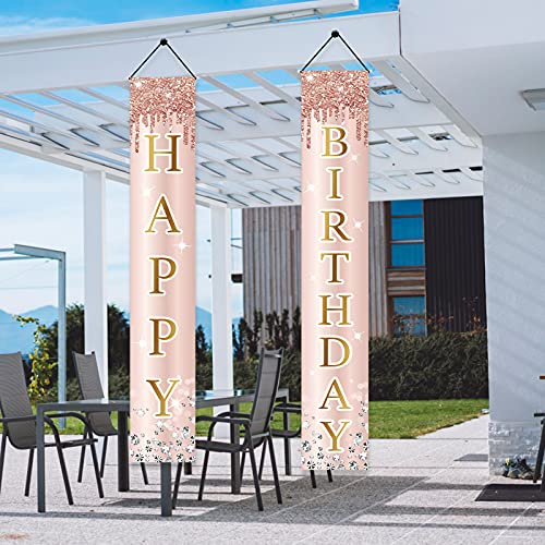 Pink Rose Gold Happy Birthday Door Banner Decorations, Birthday Party Porch Sign Supplies for Women Girls, Sweet 16th 21st 30th 40th 50th 60th Birthday Decor