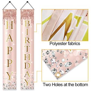 Pink Rose Gold Happy Birthday Door Banner Decorations, Birthday Party Porch Sign Supplies for Women Girls, Sweet 16th 21st 30th 40th 50th 60th Birthday Decor