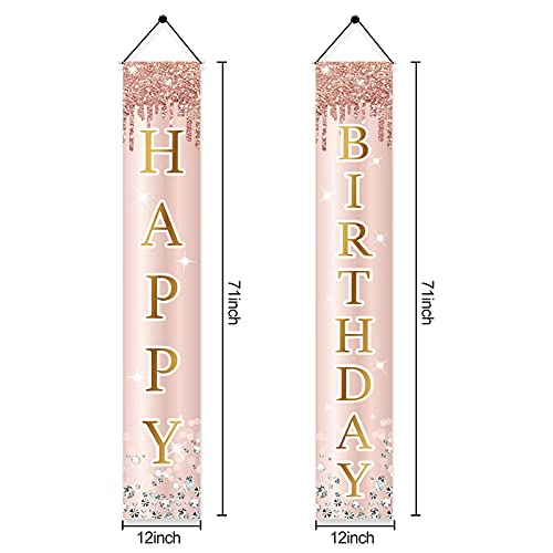 Pink Rose Gold Happy Birthday Door Banner Decorations, Birthday Party Porch Sign Supplies for Women Girls, Sweet 16th 21st 30th 40th 50th 60th Birthday Decor