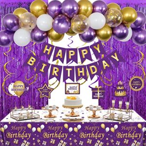 birthday decorations for women girls, purple gold birthday decorations for women with bunting banner, fringe curtains, hanging swirl,tablecloth balloons arch kit engagement anniversary party decor suit