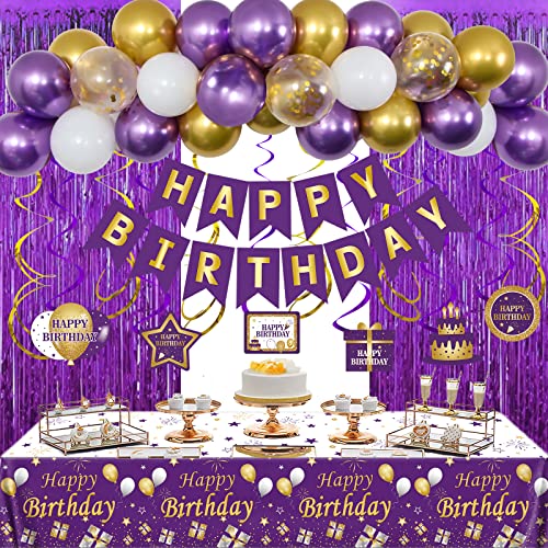 Birthday Decorations for Women girls, Purple Gold Birthday Decorations for Women with Bunting Banner, Fringe Curtains, Hanging Swirl,Tablecloth Balloons Arch Kit Engagement Anniversary Party Decor Suit