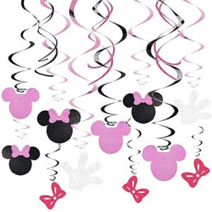 kristin paradise 30ct minnie hanging swirl decorations – ceiling streamers for mouse birthday party – mini mouse theme party supplies – party favors for kids – glitter pink, black decor