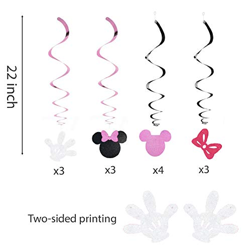 Kristin Paradise 30Ct Minnie Hanging Swirl Decorations - Ceiling Streamers for Mouse Birthday Party – Mini Mouse Theme Party Supplies – Party Favors for Kids - Glitter Pink, Black Decor
