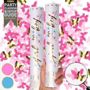 gender reveal confetti cannon | 2 pack| butterfly confetti cannons | gender reveal ideas | butterfly confetti poppers for pink color reveal | baby gender reveal, poppers confetti shooters | pink confetti gender reveal poppers | gender reveal party supplie