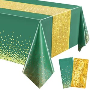 tablecloth and sequin table runner set polka dots confetti table cover dining plastic table cloths glitter decorations for birthday wedding anniversary party supplies (green, gold)