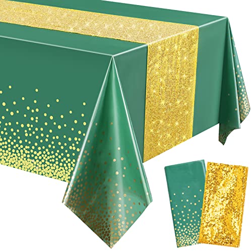 Tablecloth and Sequin Table Runner Set Polka Dots Confetti Table Cover Dining Plastic Table Cloths Glitter Decorations for Birthday Wedding Anniversary Party Supplies (Green, Gold)