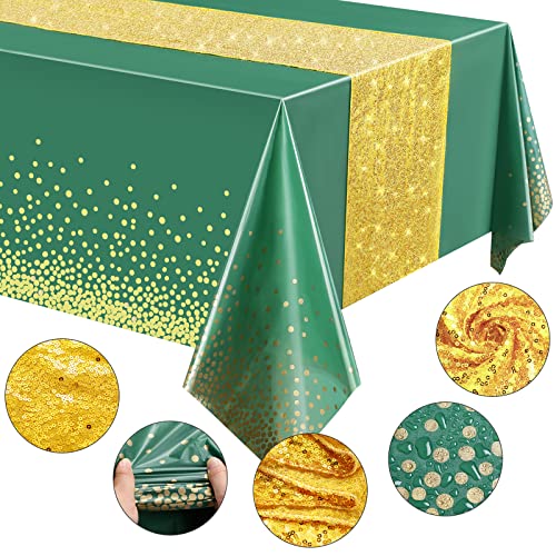 Tablecloth and Sequin Table Runner Set Polka Dots Confetti Table Cover Dining Plastic Table Cloths Glitter Decorations for Birthday Wedding Anniversary Party Supplies (Green, Gold)