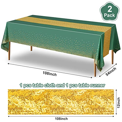 Tablecloth and Sequin Table Runner Set Polka Dots Confetti Table Cover Dining Plastic Table Cloths Glitter Decorations for Birthday Wedding Anniversary Party Supplies (Green, Gold)