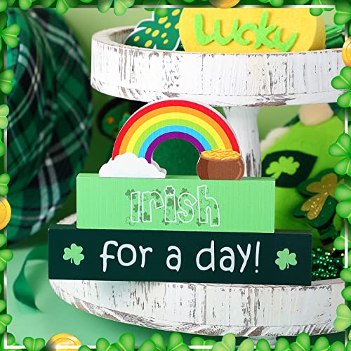 3 Pieces St Patricks Day Table Wood Signs, Rainbow Shamrock Table Top Decor Irish Lucky Wood Block St Patricks Day Wooden Sign Centerpiece for Home Fireplace Office Shelf