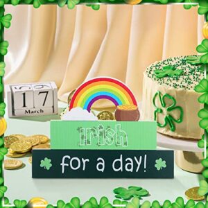 3 Pieces St Patricks Day Table Wood Signs, Rainbow Shamrock Table Top Decor Irish Lucky Wood Block St Patricks Day Wooden Sign Centerpiece for Home Fireplace Office Shelf