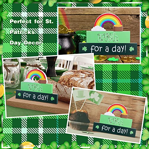 3 Pieces St Patricks Day Table Wood Signs, Rainbow Shamrock Table Top Decor Irish Lucky Wood Block St Patricks Day Wooden Sign Centerpiece for Home Fireplace Office Shelf