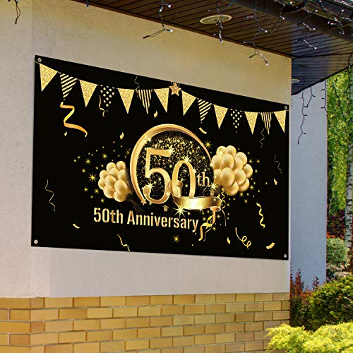 50th Anniversary Decorations, Extra Large Fabric Black Gold Sign Poster for 50th Anniversary Backdrop Photo Booth Background Banner 50th Birthday Party Supplies