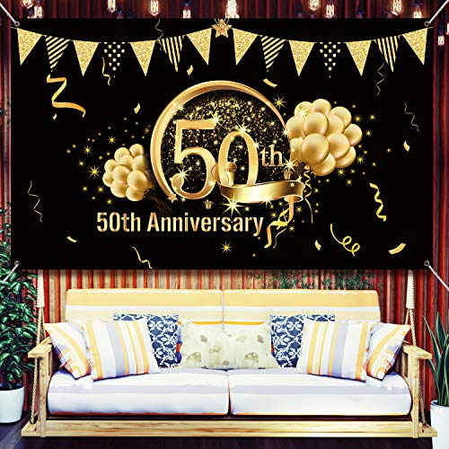50th Anniversary Decorations, Extra Large Fabric Black Gold Sign Poster for 50th Anniversary Backdrop Photo Booth Background Banner 50th Birthday Party Supplies