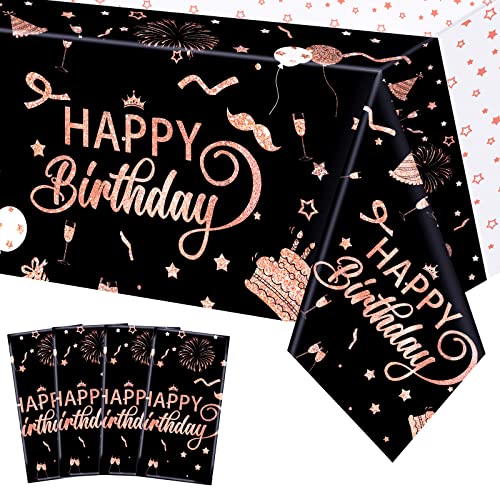 Famoby 4 Packs 54" x 108" Rose Gold Happy Birthday Disposable Plastic Waterproof Table Cover for Rectangle Tables Black Background Indoor & Outdoor Birthdays Anniversary Party Decorations