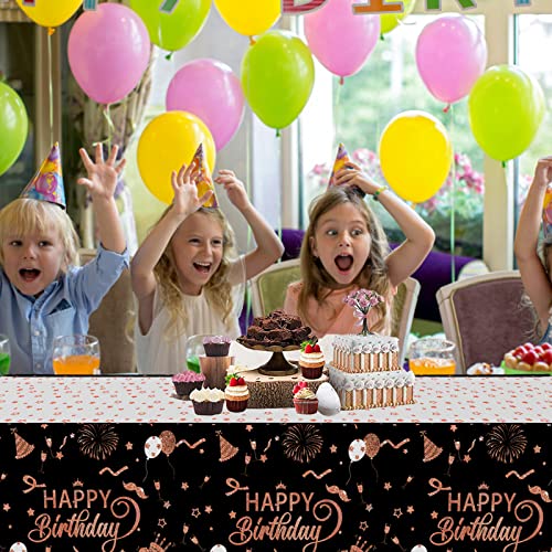 Famoby 4 Packs 54" x 108" Rose Gold Happy Birthday Disposable Plastic Waterproof Table Cover for Rectangle Tables Black Background Indoor & Outdoor Birthdays Anniversary Party Decorations