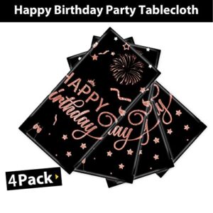 Famoby 4 Packs 54" x 108" Rose Gold Happy Birthday Disposable Plastic Waterproof Table Cover for Rectangle Tables Black Background Indoor & Outdoor Birthdays Anniversary Party Decorations