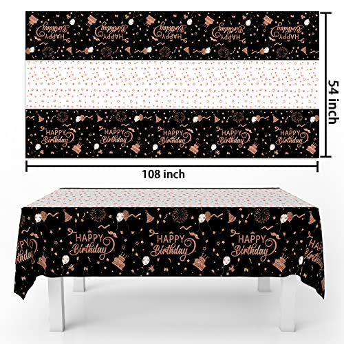 Famoby 4 Packs 54" x 108" Rose Gold Happy Birthday Disposable Plastic Waterproof Table Cover for Rectangle Tables Black Background Indoor & Outdoor Birthdays Anniversary Party Decorations