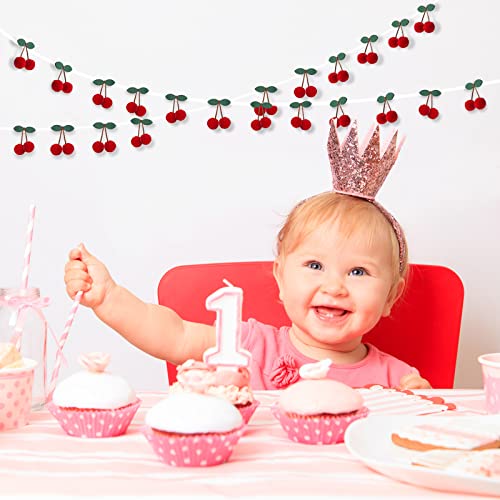 3 Pieces Cherry Garland Decoration Cherries Birthday Decoration Valentine Pompom Felt Bunting Cherries 6.6ft Garland Decorations Colorful DIY Fruit Hanging for Baby Birthday Wedding Decoration (Red)