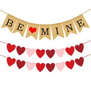 Valentines Day Banners - BE Mine Burlap Banner with 2 Felt Heart Garland Banners - Valentine's Day Decorations, Wedding, Engagement Party Supplies
