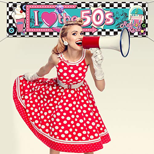 50's Party Banner I Love The 50's Banner 1950s Rock and Roll Theme Party Decorations Photo Booth Backdrop Wall Background 50s Party Decoration Baby Shower Birthday Party Supplies, 70.8 x 15.7 Inch