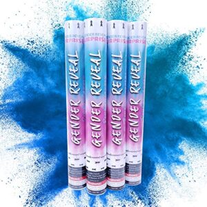 gender reveal surprise powder cannons bundle, 16 inch, non-toxic, 4 blue powder dispensers plus 8 free gender reveal party balloons decorations
