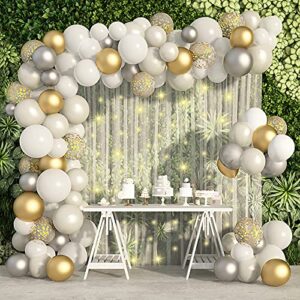 white balloon garland kit with string lights white backdrop curtain, silver white and gold confetti pearlescent latex balloons for baby shower wedding birthday party decorations