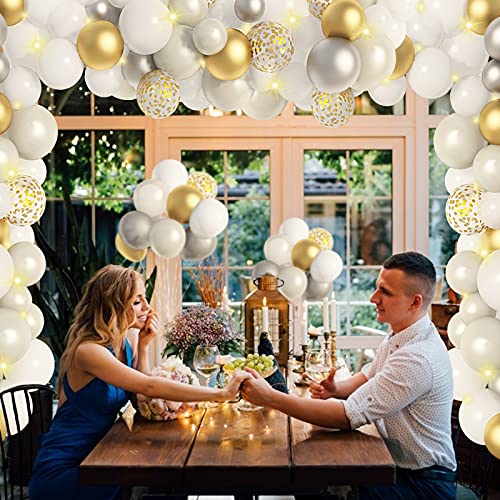 White Balloon Garland Kit with String Lights White Backdrop Curtain, Silver White and Gold Confetti Pearlescent Latex Balloons for Baby Shower Wedding Birthday Party Decorations