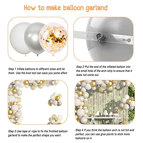 White Balloon Garland Kit with String Lights White Backdrop Curtain, Silver White and Gold Confetti Pearlescent Latex Balloons for Baby Shower Wedding Birthday Party Decorations