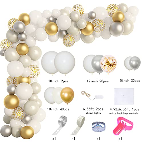 White Balloon Garland Kit with String Lights White Backdrop Curtain, Silver White and Gold Confetti Pearlescent Latex Balloons for Baby Shower Wedding Birthday Party Decorations