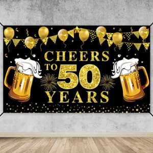 Cheers to 50 Years Banner Backdrop, Black Gold Happy 50th Birthday Decorations, 50 Anniversary Banner Poster Sign Party Supplies (72.8 x 43.3 Inch)