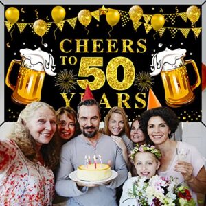 Cheers to 50 Years Banner Backdrop, Black Gold Happy 50th Birthday Decorations, 50 Anniversary Banner Poster Sign Party Supplies (72.8 x 43.3 Inch)