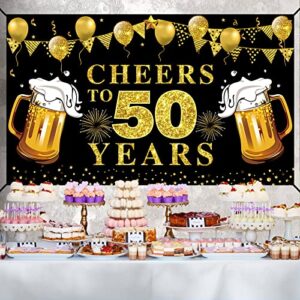 Cheers to 50 Years Banner Backdrop, Black Gold Happy 50th Birthday Decorations, 50 Anniversary Banner Poster Sign Party Supplies (72.8 x 43.3 Inch)