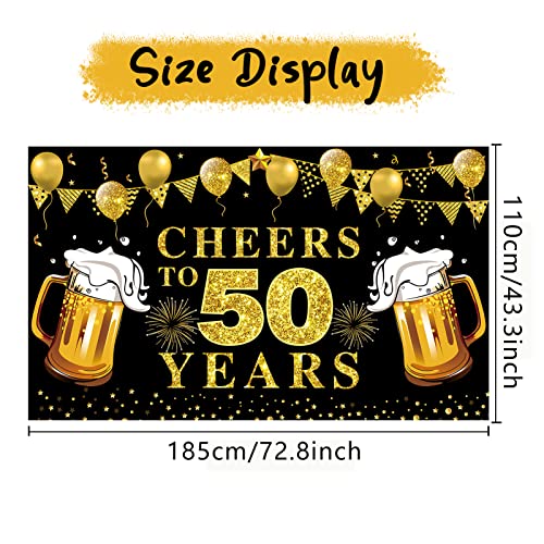 Cheers to 50 Years Banner Backdrop, Black Gold Happy 50th Birthday Decorations, 50 Anniversary Banner Poster Sign Party Supplies (72.8 x 43.3 Inch)