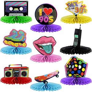 9 pieces 90s theme party decorations honeycomb centerpieces table topper retro table decor vintage hip hop supplies 1990s party favors photo booth props for back to 90’s nostalgic hippy party
