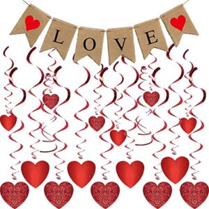 mocossmy valentine’s day red heart hanging decoration set,burlap love banner&16 pack glitter red heart hanging swirls ceiling streamers for mother’s day date engagement wedding anniversary party supplies decoration
