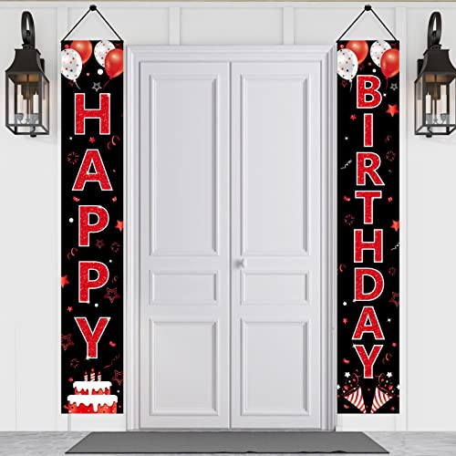 Red and Black Birthday Door Banner Decorations for Men Women, Red Black Happy Birthday Porch Sign Party Supplies, 16th 21st 30th 40th 50th 60th Birthday Backdrop Decor