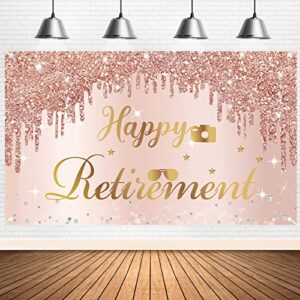 happy retirement party banner backdrop decorations for women, pink rose gold retirement theme party supplies, extra large retired party photo booth poster background sign decor