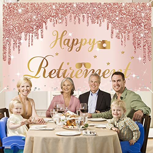 Happy Retirement Party Banner Backdrop Decorations for Women, Pink Rose Gold Retirement Theme Party Supplies, Extra Large Retired Party Photo Booth Poster Background Sign Decor