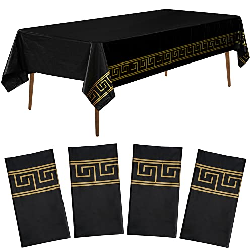 Amatra 4 Pack 108" X 54" Black and Gold Premium Disposable Plastic Tablecloth for 8ft Long Rectangle Tables, Waterproof Covers for Party, Picnic, Banquet & Kid’s Activities