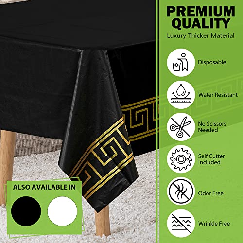 Amatra 4 Pack 108" X 54" Black and Gold Premium Disposable Plastic Tablecloth for 8ft Long Rectangle Tables, Waterproof Covers for Party, Picnic, Banquet & Kid’s Activities